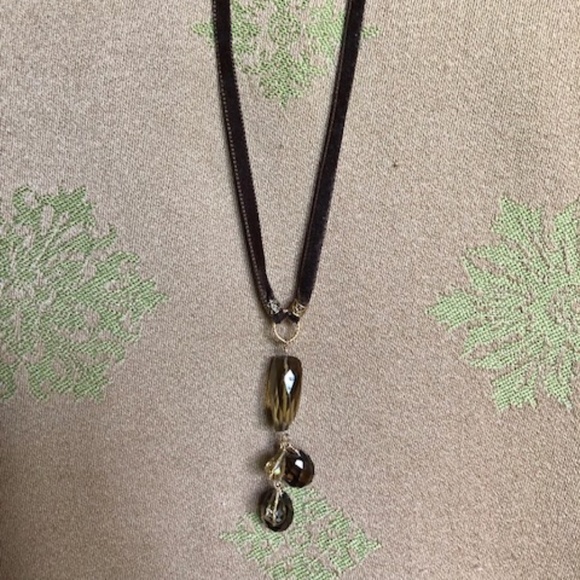 Sophia & Chloe Brown Velvet Gold/Smoky Topaz & Olive Quartz Drop Necklace - Picture 4 of 4